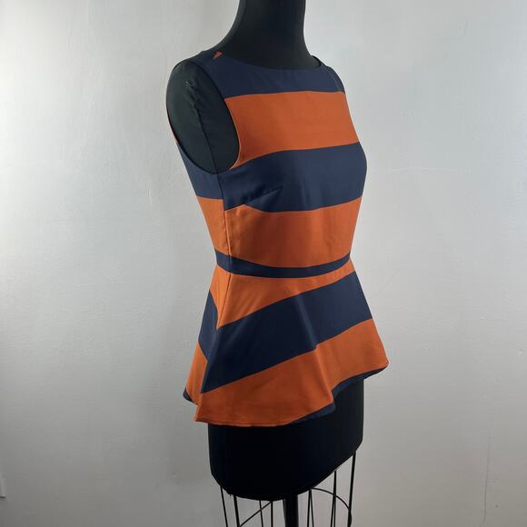 Banana Republic Navy Orange Peplum Top Rugby Striped Boat Neck Sleeveless Size 4 - Picture 4 of 7